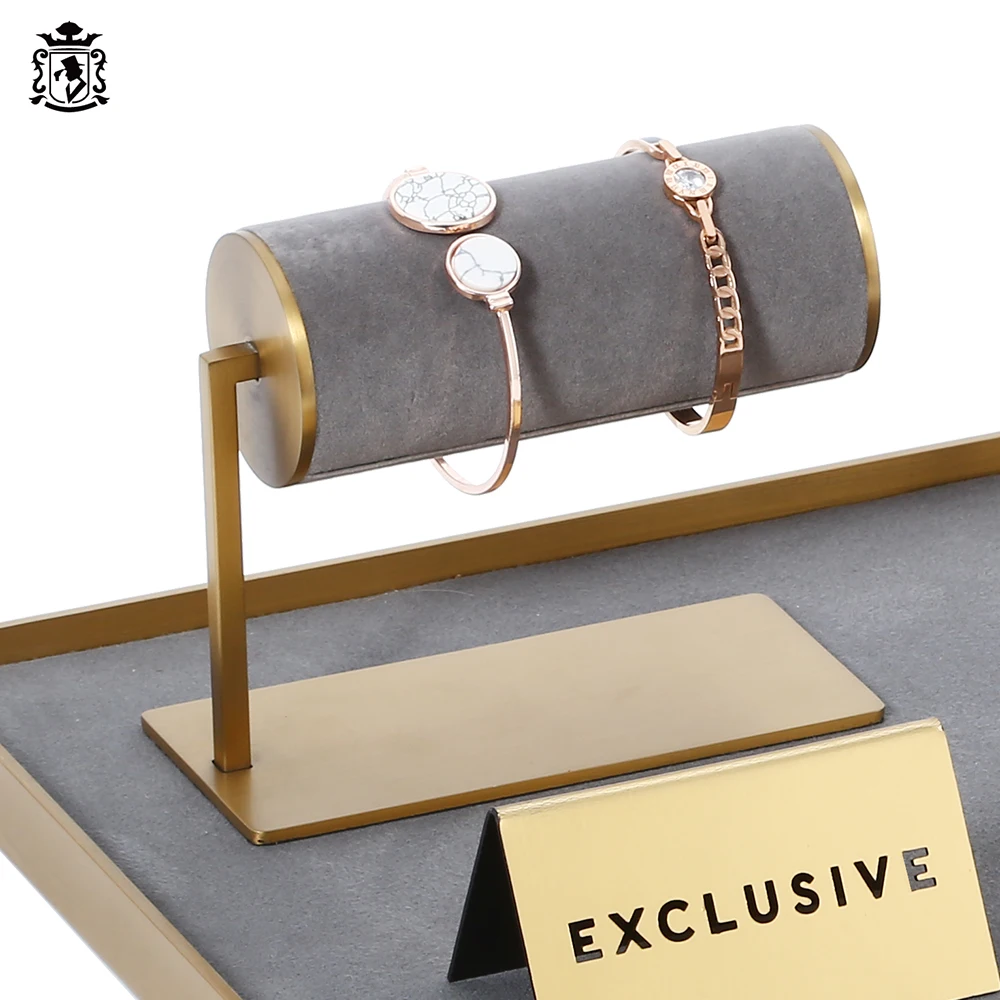 

High Quality Metal Suede Gold Jewelry Display Rack Bracelet Bangle Watch Display Stand, Gold+ gray