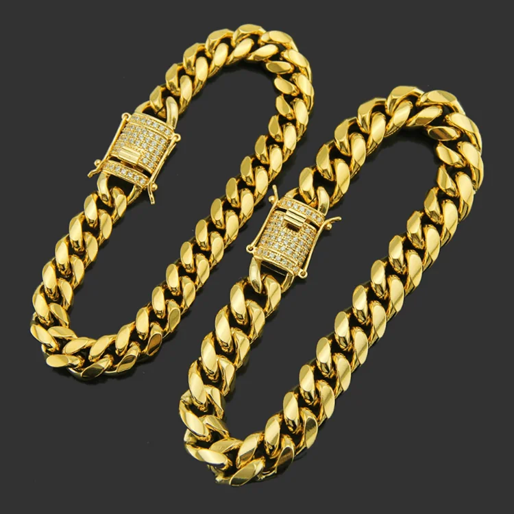 

Hip Hop Punk 10mm 12mm Gold Plated Stainless Steel Miami Cuban Link Chain Bracelet Jewelry Men's, Gold/silver