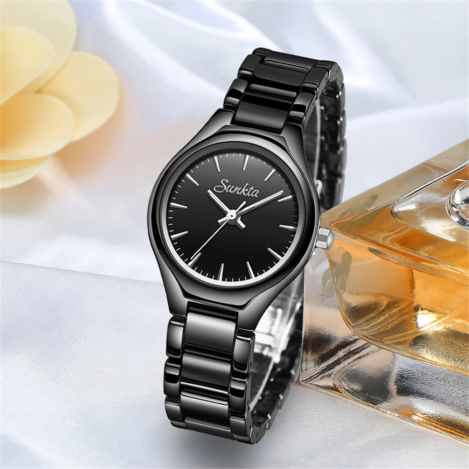 2019 sunkta时尚休闲简约玫瑰金全黑陶瓷女士手表防水石英手表女士