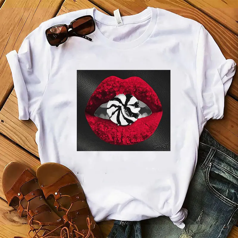 

Wholesale T Shirt Women Lips Candy Tshirt Fashion Custom Printing T-shirt Oversized Graphic Tees Shirts Woman Clothing