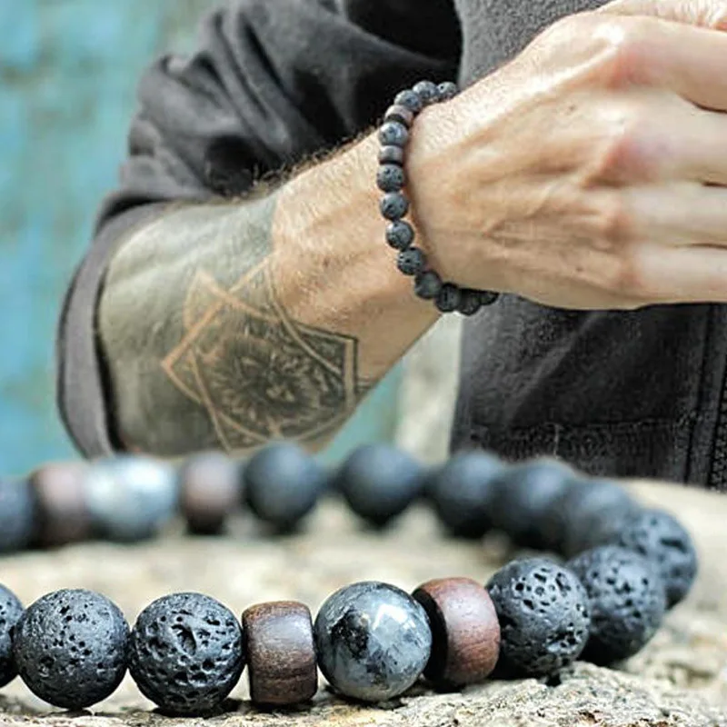 

Hot selling 8mm volcanic stone wooden beads hand string natural stone bracelet Energy jewelry for men and women, As picture