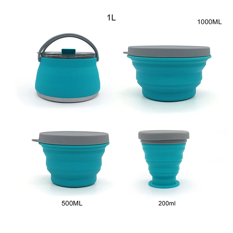 

4pcs/set Camping Cook Set Cookware Collapsible pot Silicone bowl Coffee Mug with Custom Logo, Grass green ,yellow green ,blue,customize