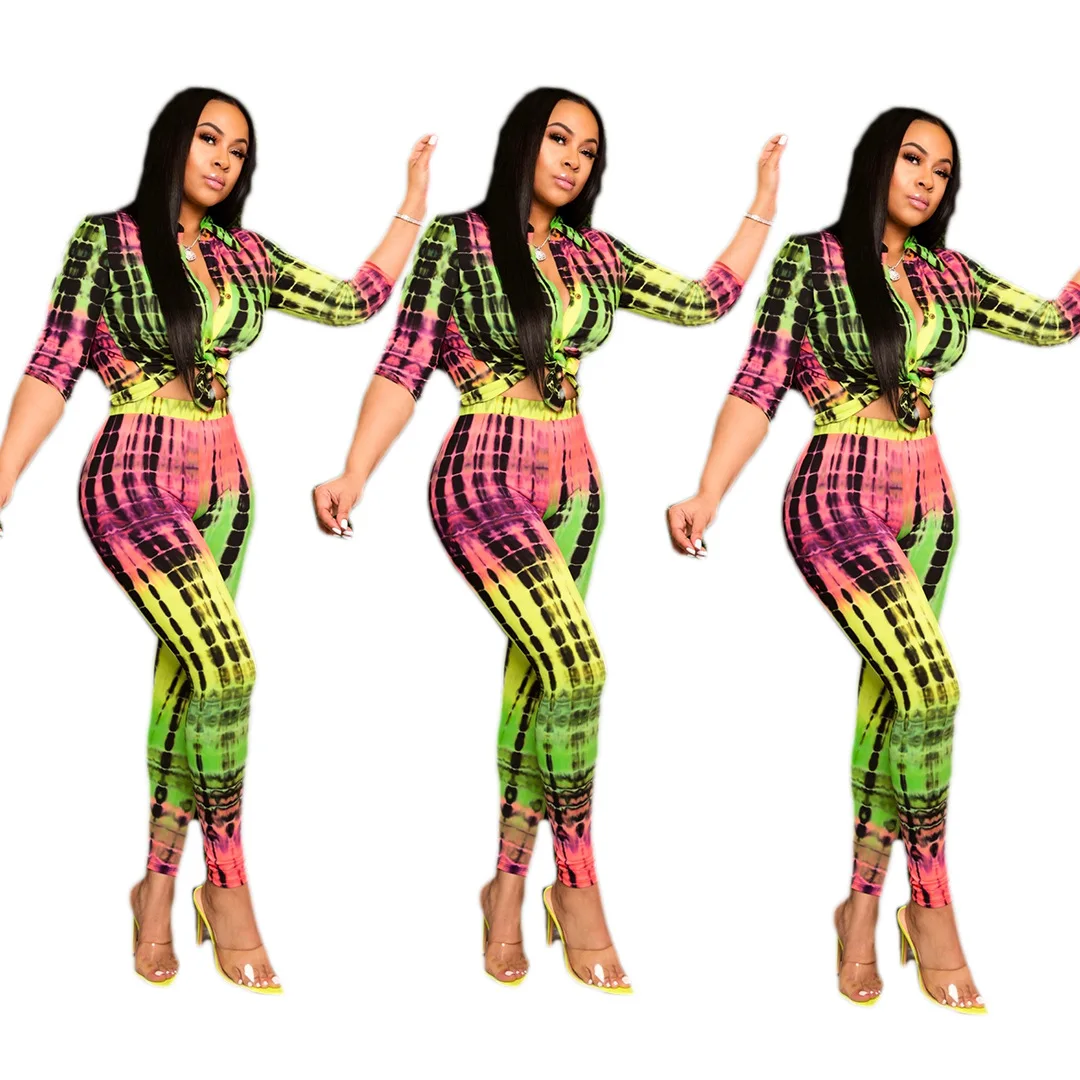 

2021 Spring Fashion Tie-Dye Printed T-Shirt Casual Two-Piece Women'S Clothing