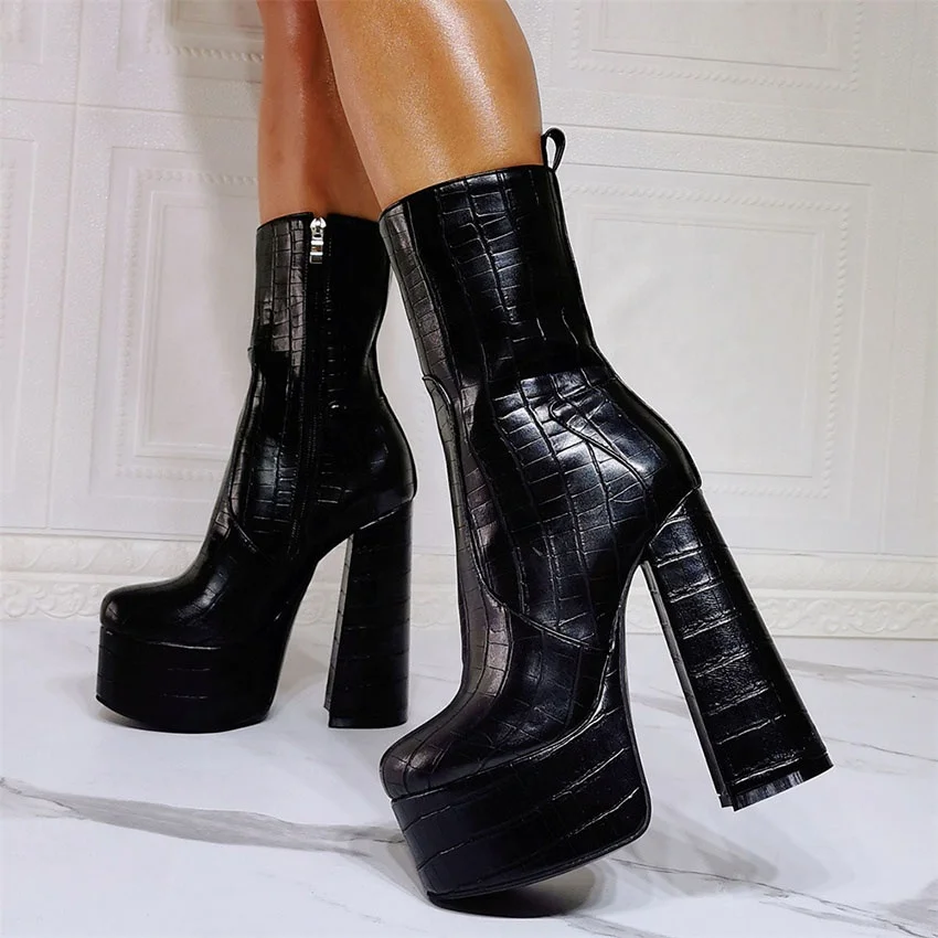

High Quality Platform Chunky Heel Women Ankle Boots Stone Pattern Round Toe Thick Heel Side Zipper Short Boots for Ladies, Black