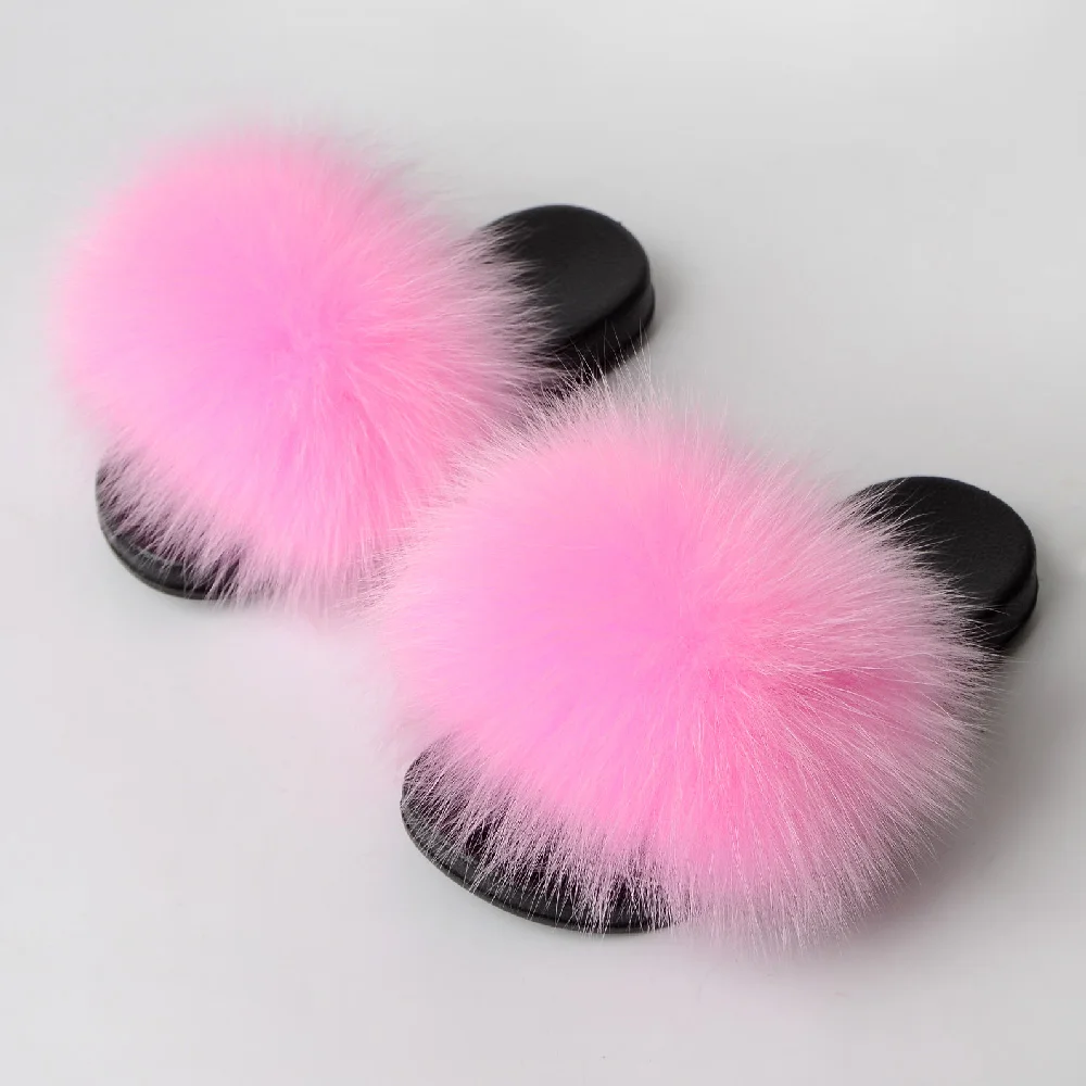 

Wholesale price real fur slippers outdoor slider sandals fox fur slides slippers for women