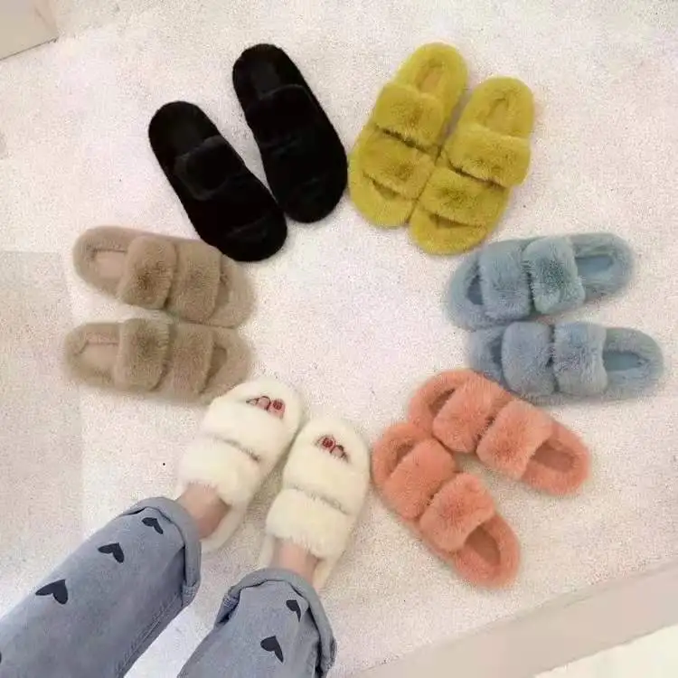

Double hairy one-word slippers for women's winter summer new fashion flat bottom sandals all-match indoor daily non-slip 2022, Multiple colour