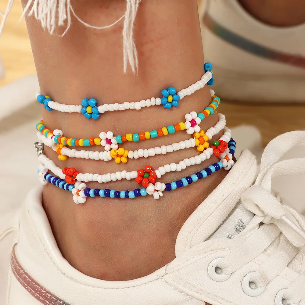 

Bohemian Colorful Beads Anklets for Women Handmade Elasticity flower Foot Jewelry Summer Beach Barefoot Bracelet ankle on Leg, Multi-colors