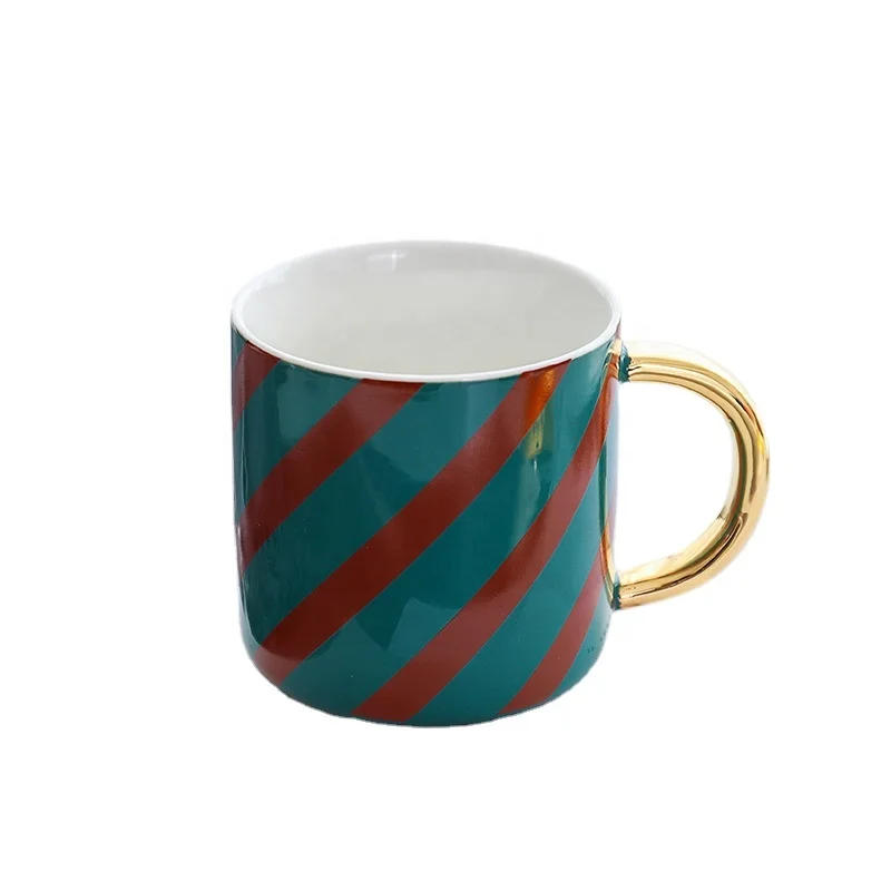 

Factory wholesale cheap price western style 350ml red / Green stripe ceramic coffee mug cup with gold handle