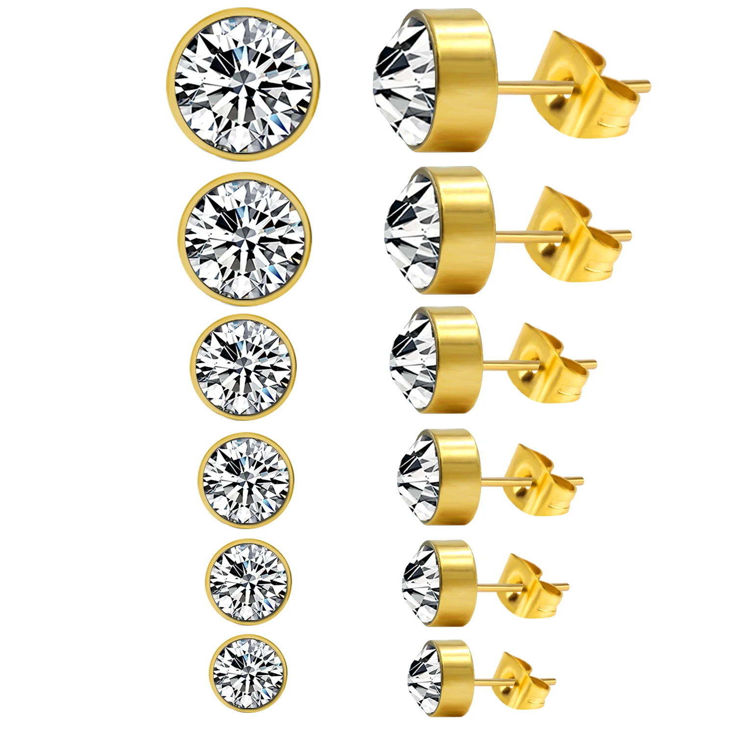 

Jewelry Stainless Steel 18k Gold Round Cylindrical Drill Plug Zircon Srcew Earrings Set
