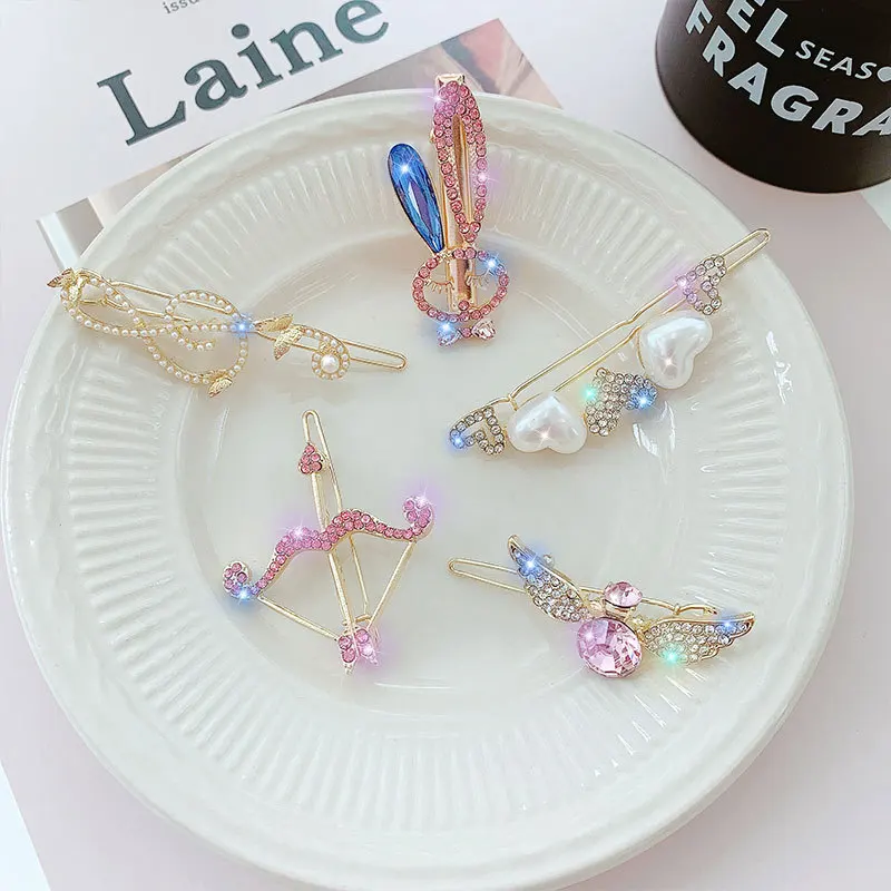 

OUYE 2021 summer fashion Korea cute imitation crystal pearl rabbit hairpin for girl bling rhinestone clip headdress, Colorful