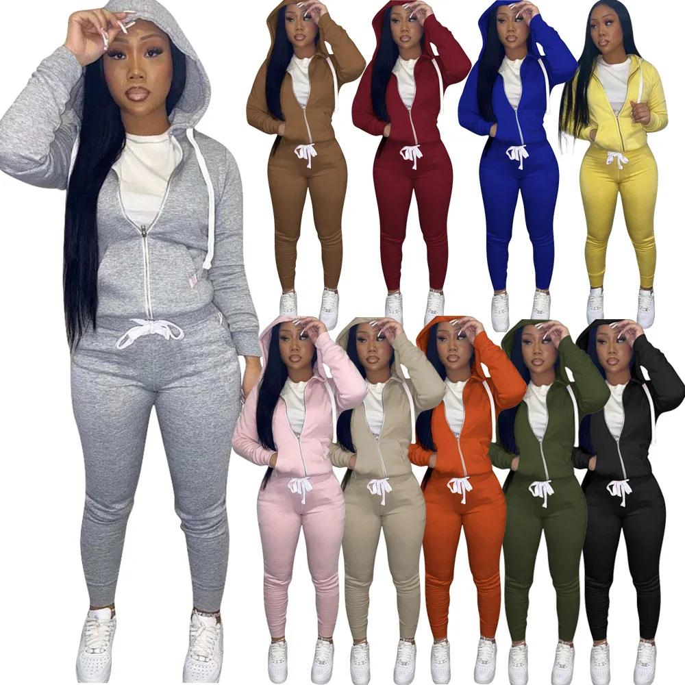 

Free shipping Women Set Solid Long Sleeve Zipper Hoodie Top Drawstring Pants Two 2 Piece Set Active Drawstring Tracksuit Outfits, Color avaliable