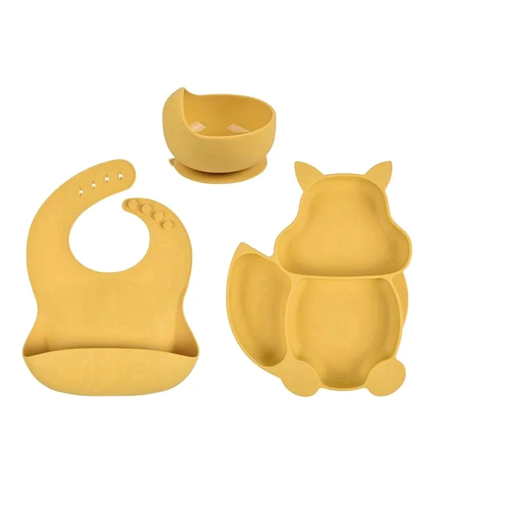 

Customize Color Logo Food Grade Waterproof Easy Clean Kids BPA Free Silicone Bib Baby Feeding Set With Bowel And Spoon