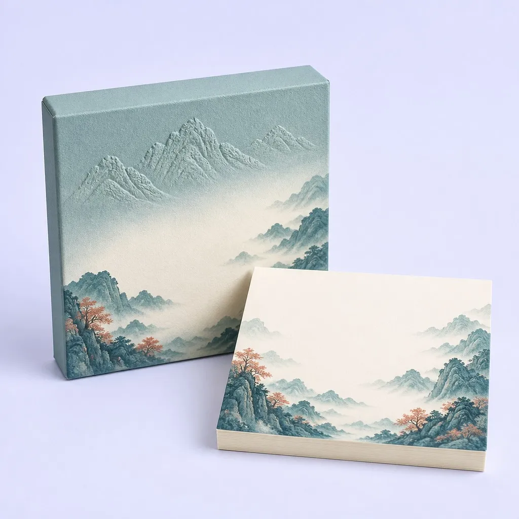 Misty Green Landscape Relief Box and Memo Cube