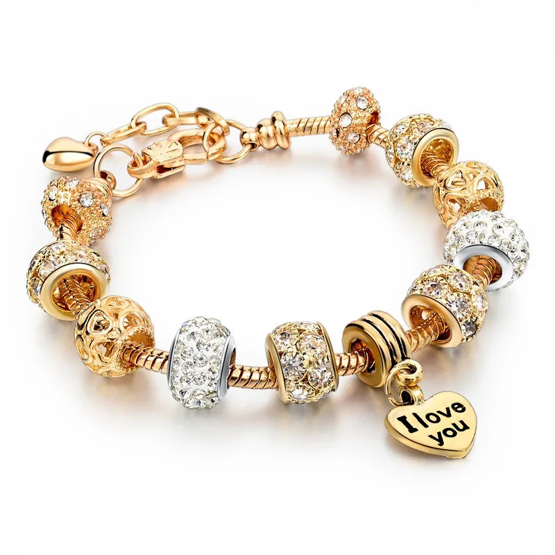 

DIY Gold Plated Crystal Beads Charm Bangles Women Fashion Bracelets Jewelry, As picture