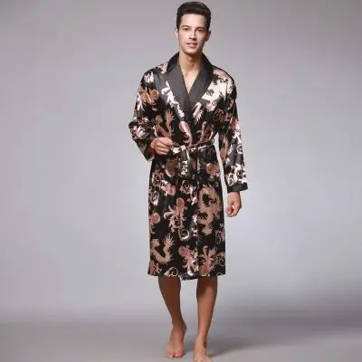 

2021 Male Silk Dressing Gown Extra large Robe With Dragons Mens Satin Bathrobe Silk Kimono Men, As shown