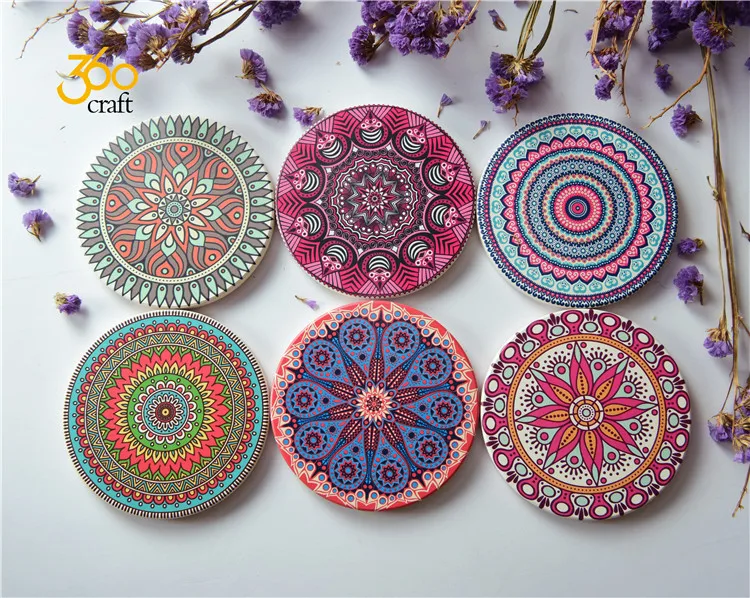 

Ready To Ship Wholesale Set Of 6 Mandala Style Pattern Absorbent Ceramic Coaster Holders Sets With Cork Back