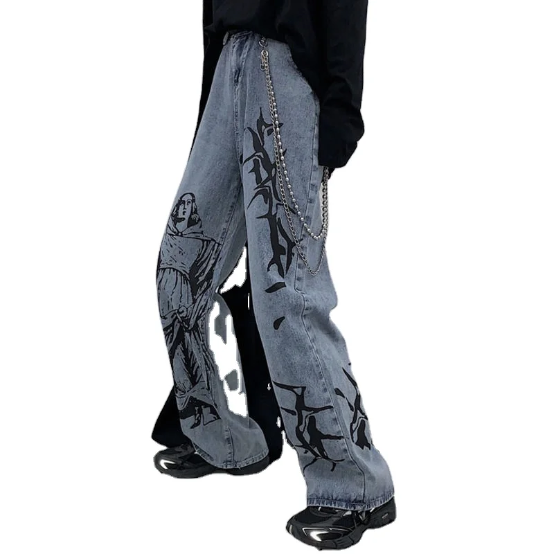

2021 New Summer Fashion Ins Street Hip-hop Printing Wash Jeans Loose Casual Denim Wide Leg Pants Woman ZA4395