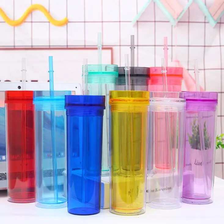 

Eco-Friendly 16oz 24 Pack Reusable Double Wall Clear Insulated Acrylic Straight Tumblers Cups Skinny Plastic Mug With Straw/Lids