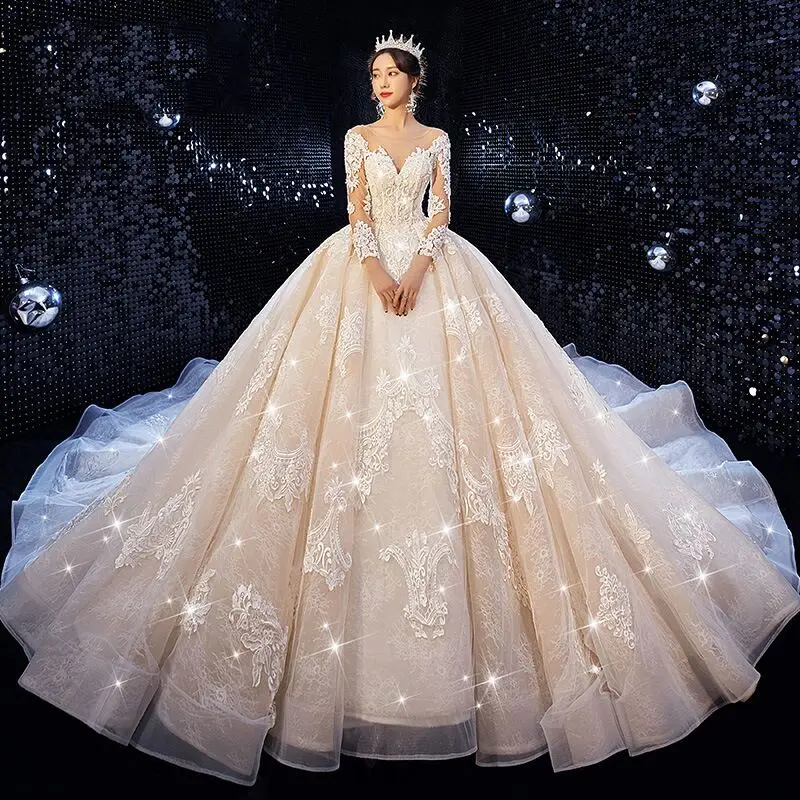 High quality embroidered lace wedding dress v-neck long sleeve Dreamy Self-Cultivation bride wedding dress