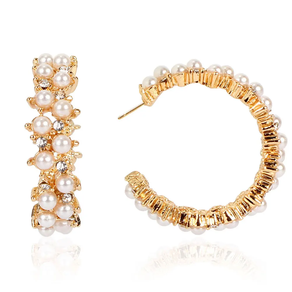 

Statement Gold Plated Round Circle C-shape Pearl Earrings Women Fashion Pearl Hoop Earrings Jewelry, Picture shows