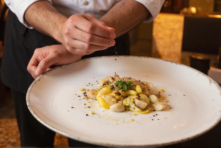 Chef seasoning dish with freshly ground black pepper at restaurant