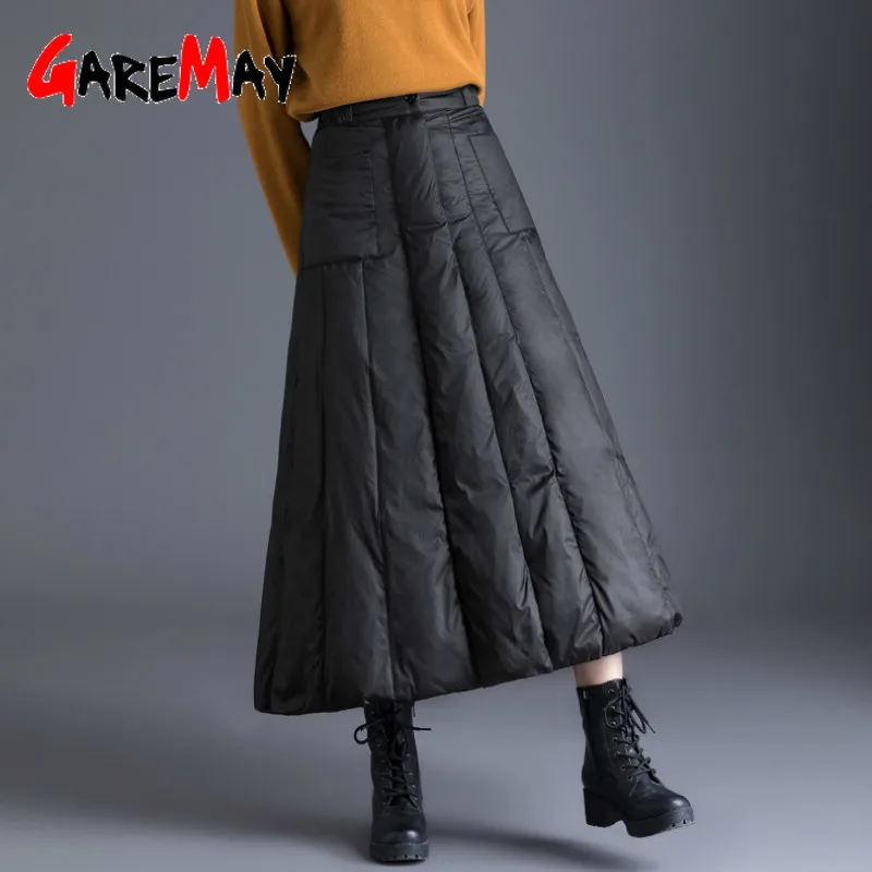 

GareMay winter Women's duck down skirt High Waist Casual Long skirt for women thick warm Female Padded Black Skirts plus size