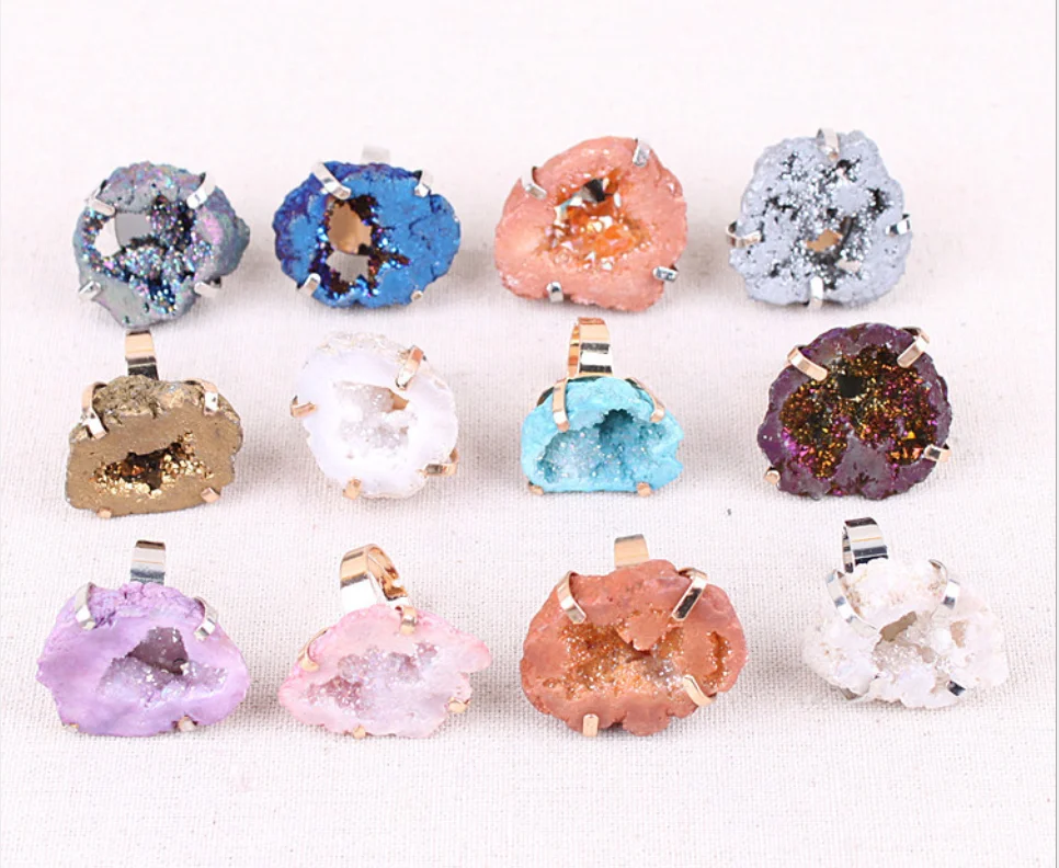 

High Quality Plated Agate Natural Healing Crystal Stone Cluster Geode Ring, Multicolor