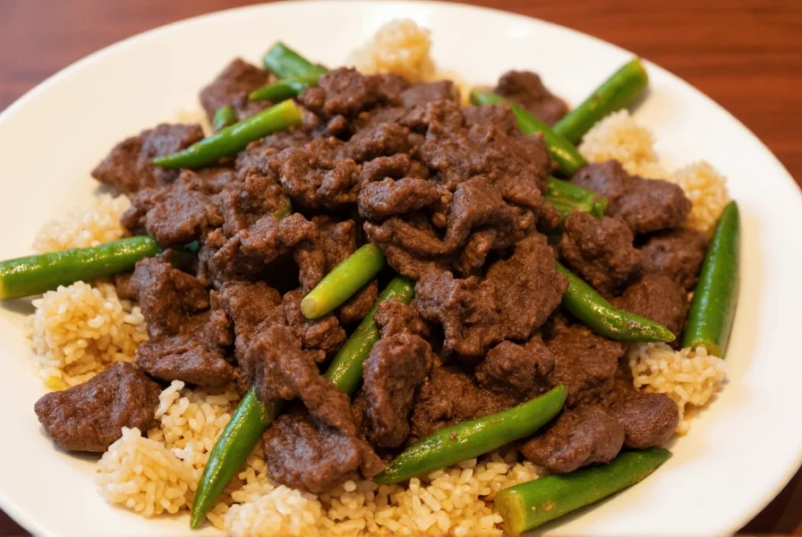 Plated black pepper beef stir fry with white rice and steamed broccoli on traditional Chinese ceramic dish