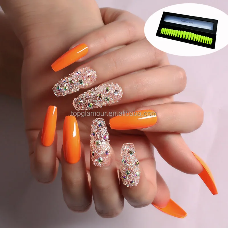 

JP0035 Full Diamond Orange Color Long Coffin Nails Private Label Luxury Press On Nails with Gift Box