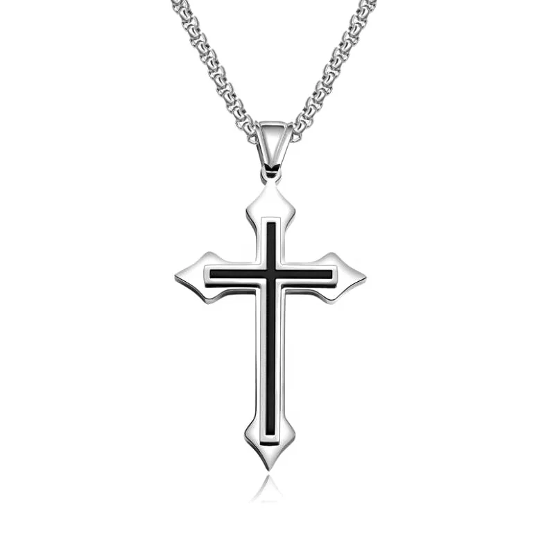 

2020Three-layer cross domineering men's Jewelry men's silver black plated glow Necklace cross pendant Stainless steel chain