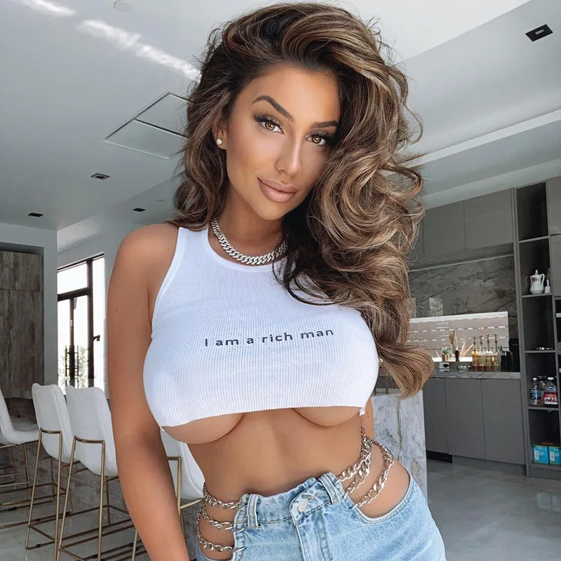 

Summer Women Crop Top Cropped Ladies Elastic Camisole Sexy "I am a rich man"Letter Embroidery Tank Tops, Shown