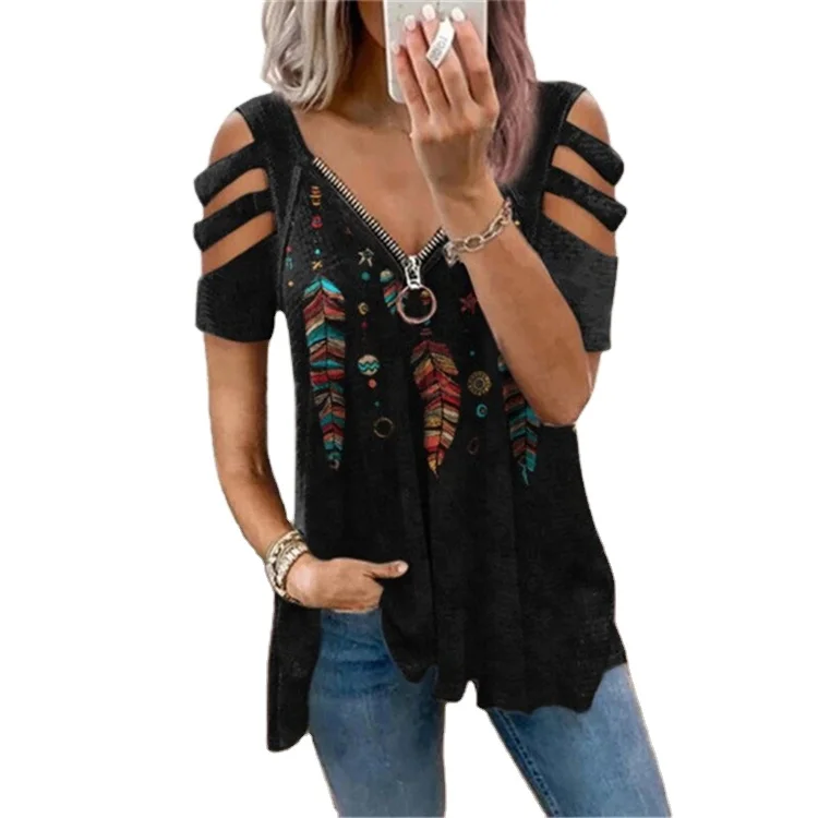 

LW3041 2021 new fashionable plus size print v neck zipper hollowed out woman top t shirt women's tops, Picture color