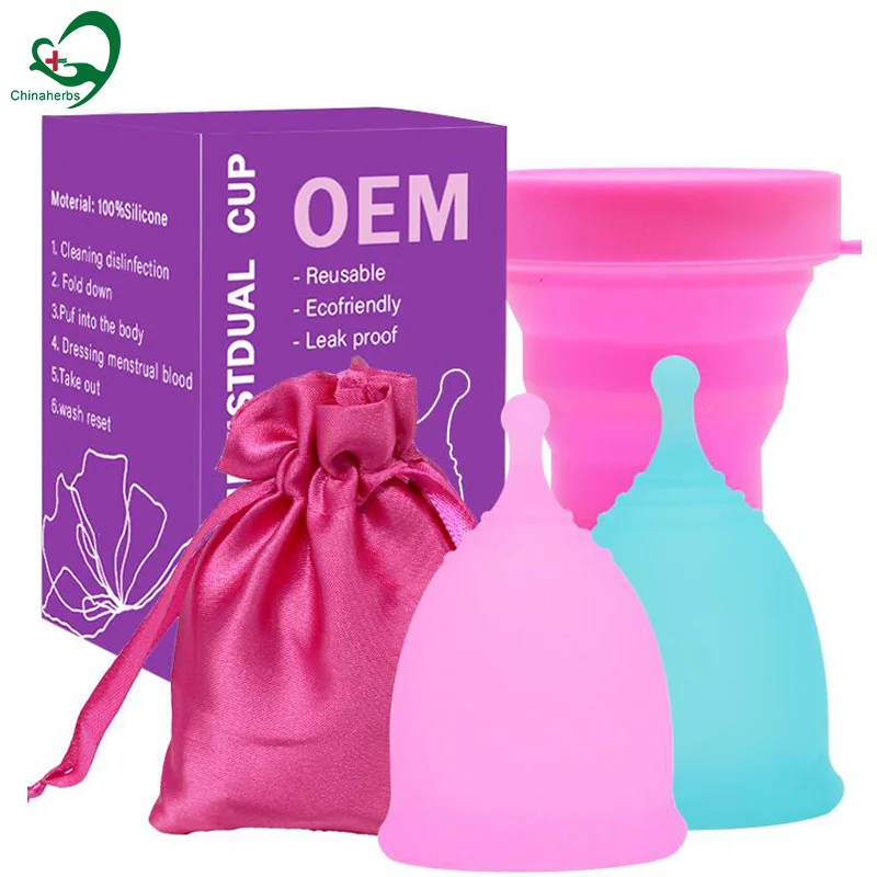 

High quality reusable menstrual cup medical silicone OEM packaging, White, pink,purple