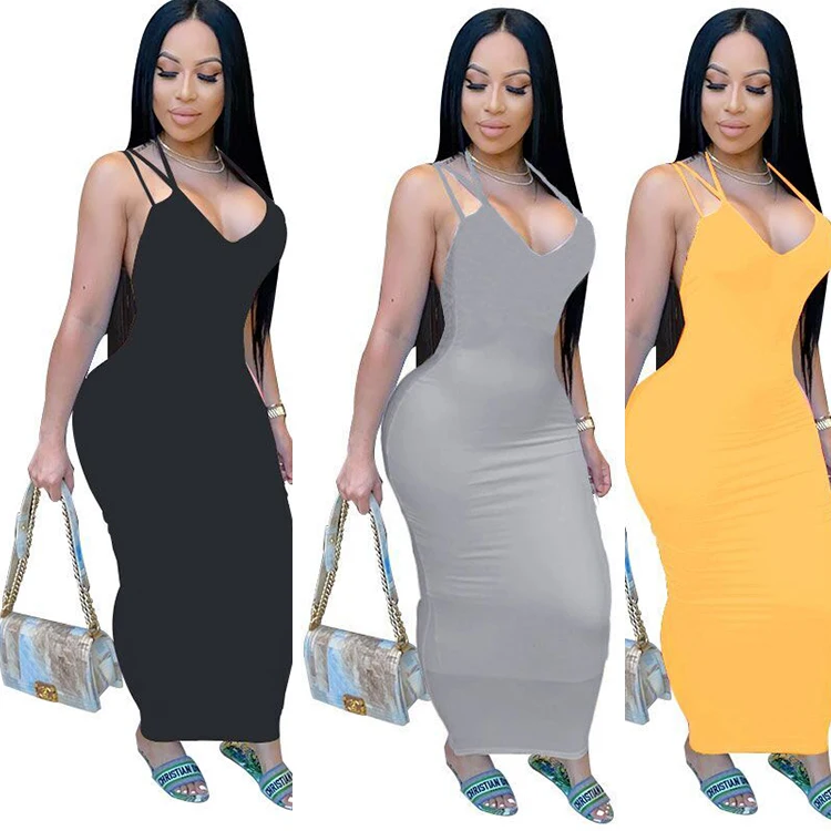 

New Elegant Suspender Halter Suit Ladies Casual Party Long Sleeveless Tight-Fitting Solid Color plus size womens skirts Dress, Customized color