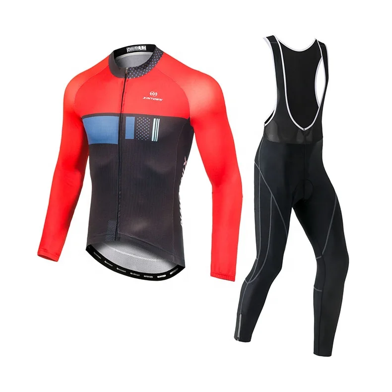 

Personal label autumn polyester motorcycle jersey non-slip cycling bib sweatshirt red long sleeve bike set