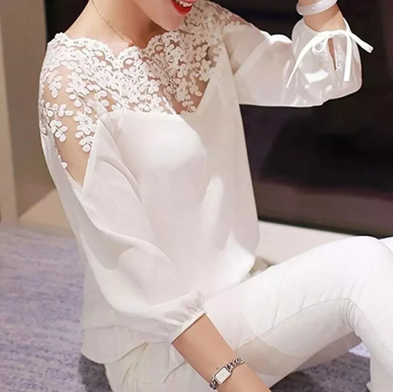 

Ladies Women 3\4 Sleeve Lace Hollow Casual Chiffon Blouse Tops Chiffon Blouse