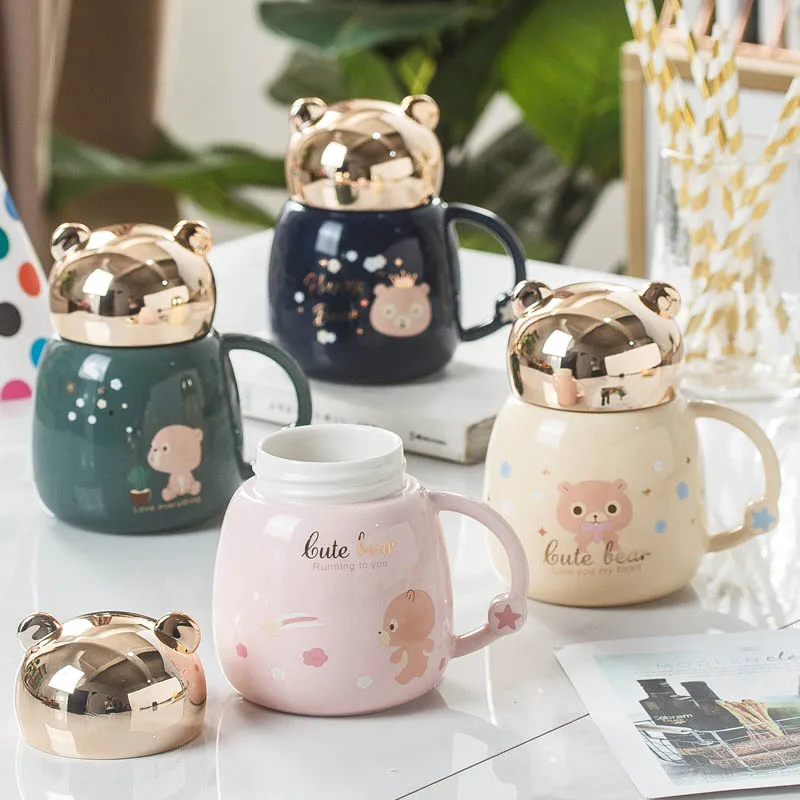 

Flypeak wholesale ceramic coffee travel porcelain mug cup Drinkware tazas Cute bear ceramic mug cartoon children mug with lid, Customized color