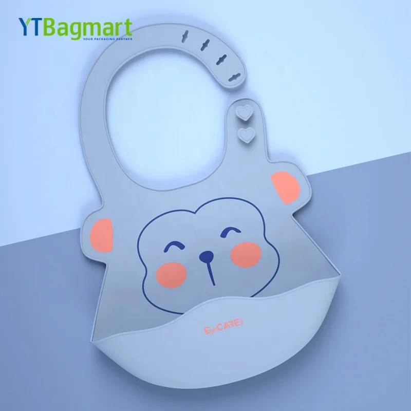 
High Quality Food Grade BPA Free Animal Pattern Printing Waterproof Baby Silicone Bibs with Pocket 