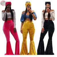 

9100914 2020 fashion candy color solid pleuche flared Latest Design 2020 High Waist Women Pants