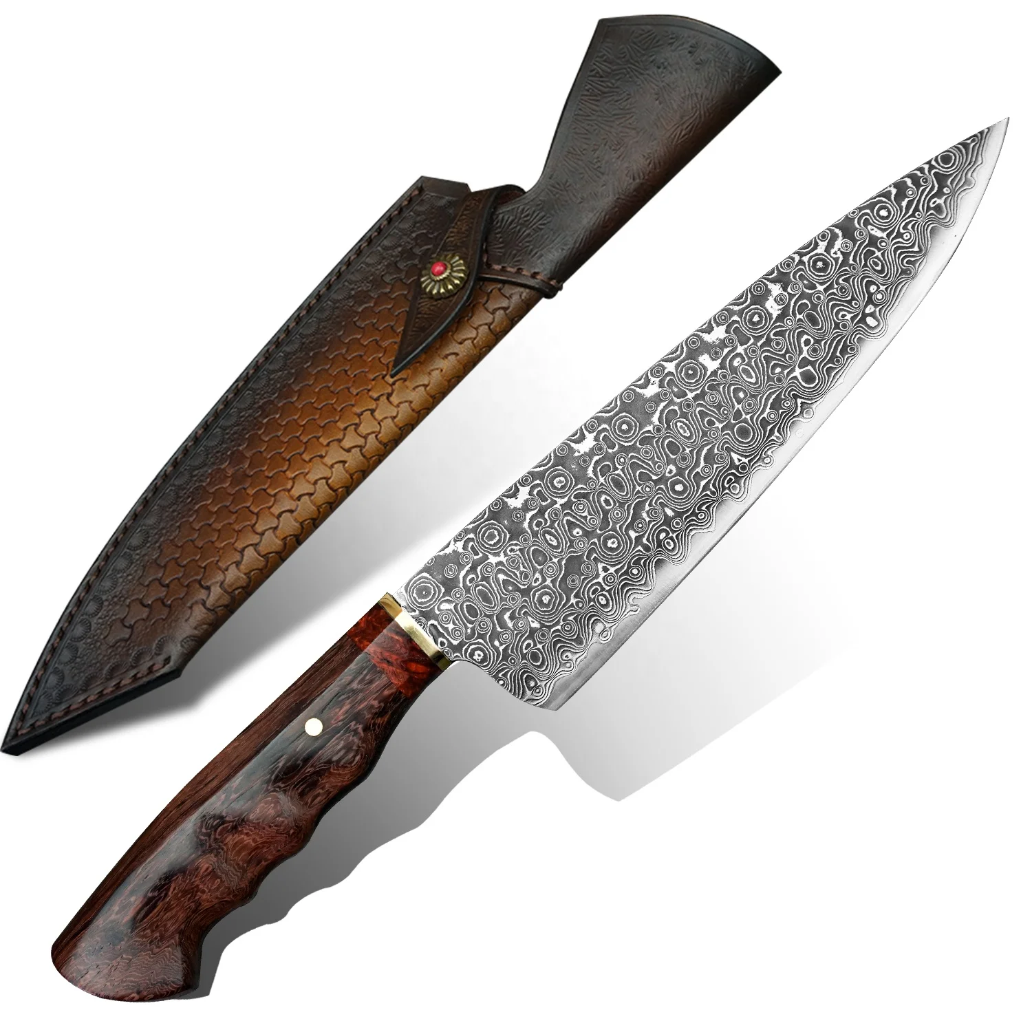 

Handmade 8in Rosewood Handle Japanese VG10 Damascus Steel Kitchen Chef Knife with Leather Sheath