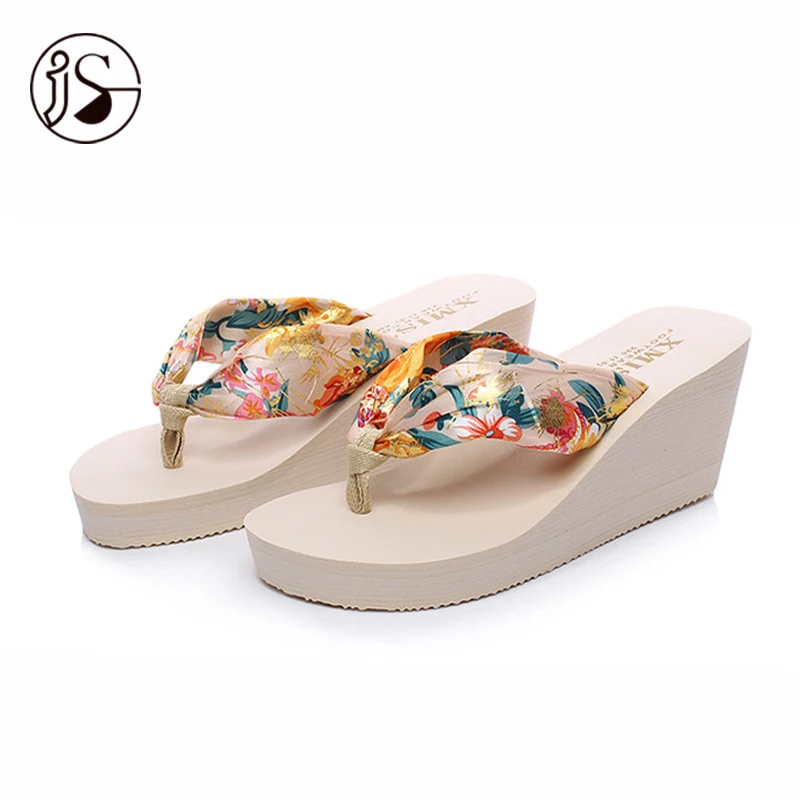 

summer vacation beach non-slip slope with women's slippers Satin flower flip flops women's platform sandals, Customized color