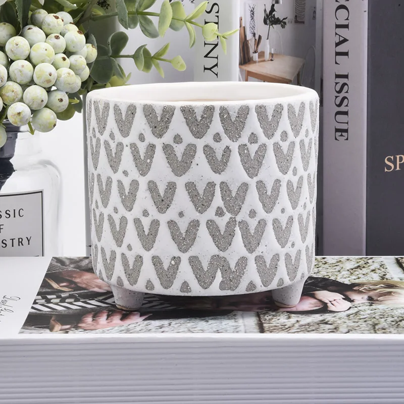 Wholesales Footed Cylinder Ceramic Holders in Grey V and dots Pattern Home Decoration