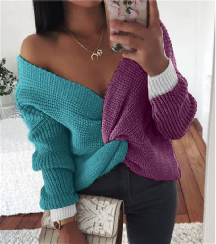 

M1038-trendy 2021 designer v neck patchwork custom knitted sweater women streetwear