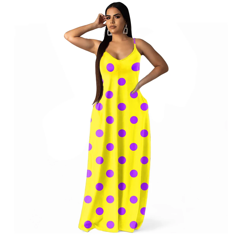 

Wholesale Cheap Dot Multi-Color Print Backless Spaghetti Strap Maxi Dress