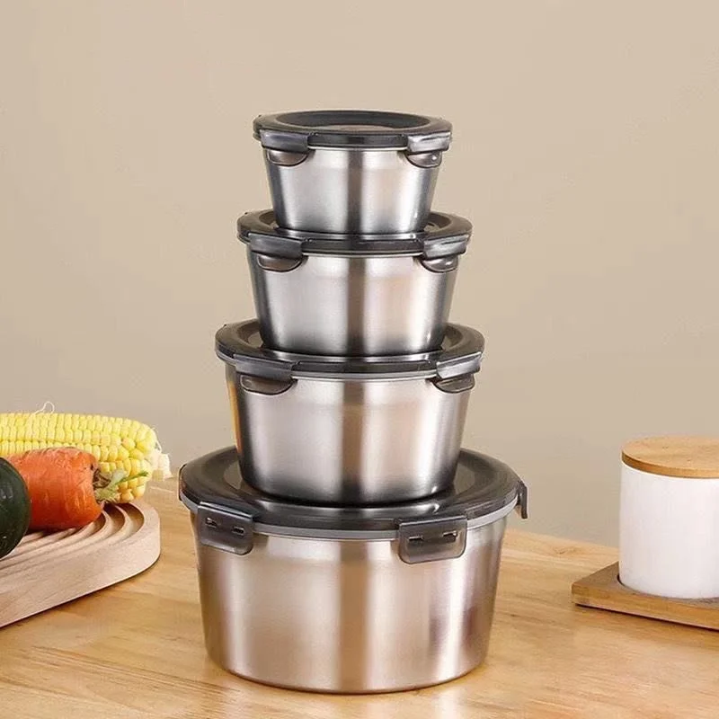 Hot Selling 3/5pcs Food Container 304 Stainless Steel Fresh-keeping Storage Box With Lid for Kitchen/Breakfast/Travel