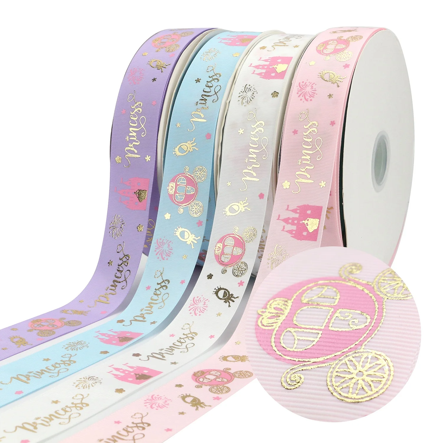 

Midi Ribbons Roll Sale Customized Pink Ink Gold Foil Printed Princess Hair Bow Grosgrain Ribbon 38mm, Request