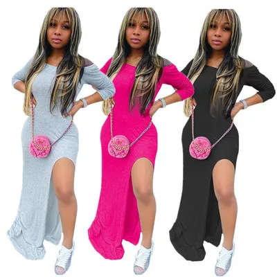 

B53527A Women casual dress autumn new long sleeve fashion high slit dress, Black/rosy/gray