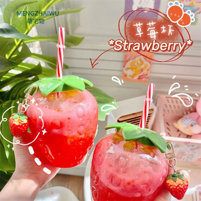 

Innovative household product summer kids plastic drink bottle with strap creative strawberry shaped ice cream water juice cup