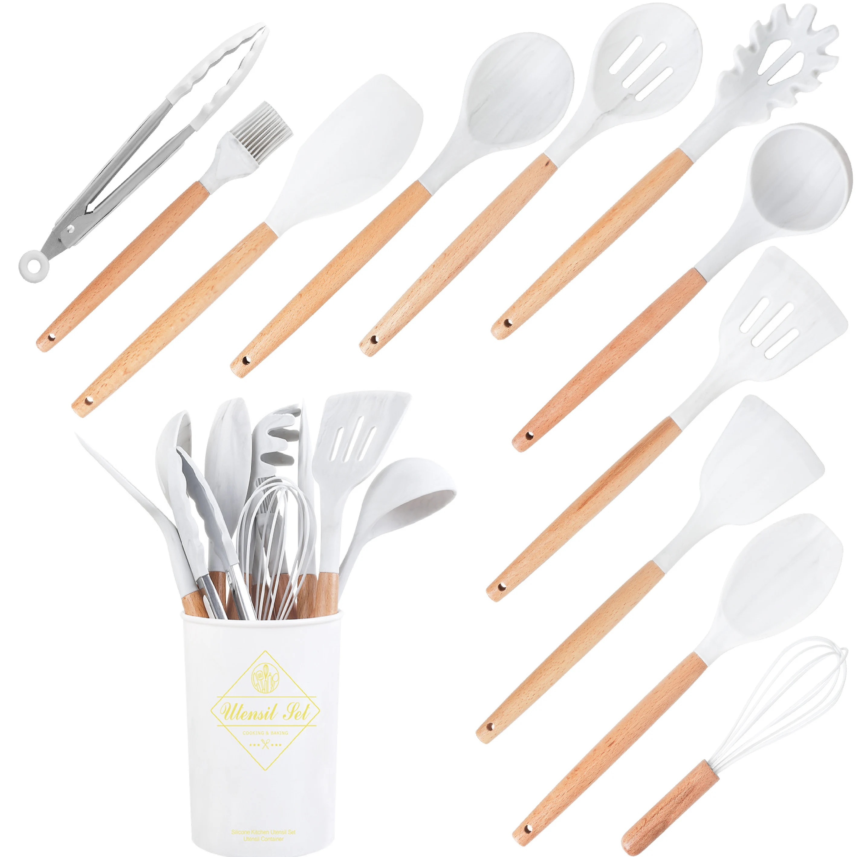 

Marble White Silicone cooking Kitchen Utensil Set With Wooden Handle holder Accessories Spatula Turner Ladle cookware, Customized