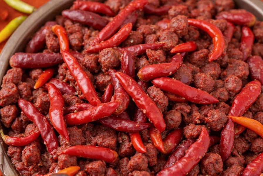 Close-up of traditional no bean chili ingredients including dried chili peppers and cubed beef